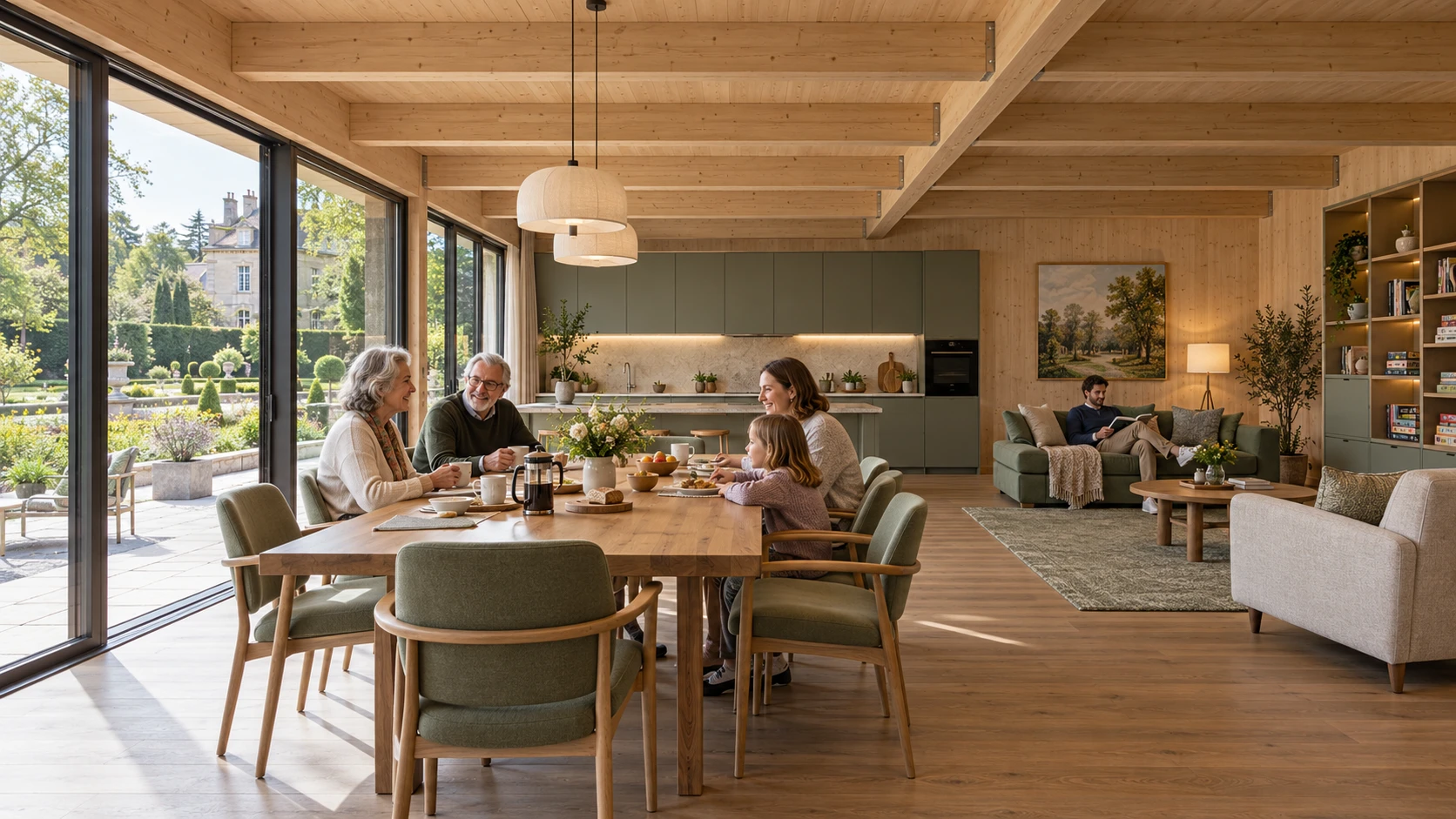 Gemeinschaftsraumidee aus Holz mit Küche und großem Essplatz