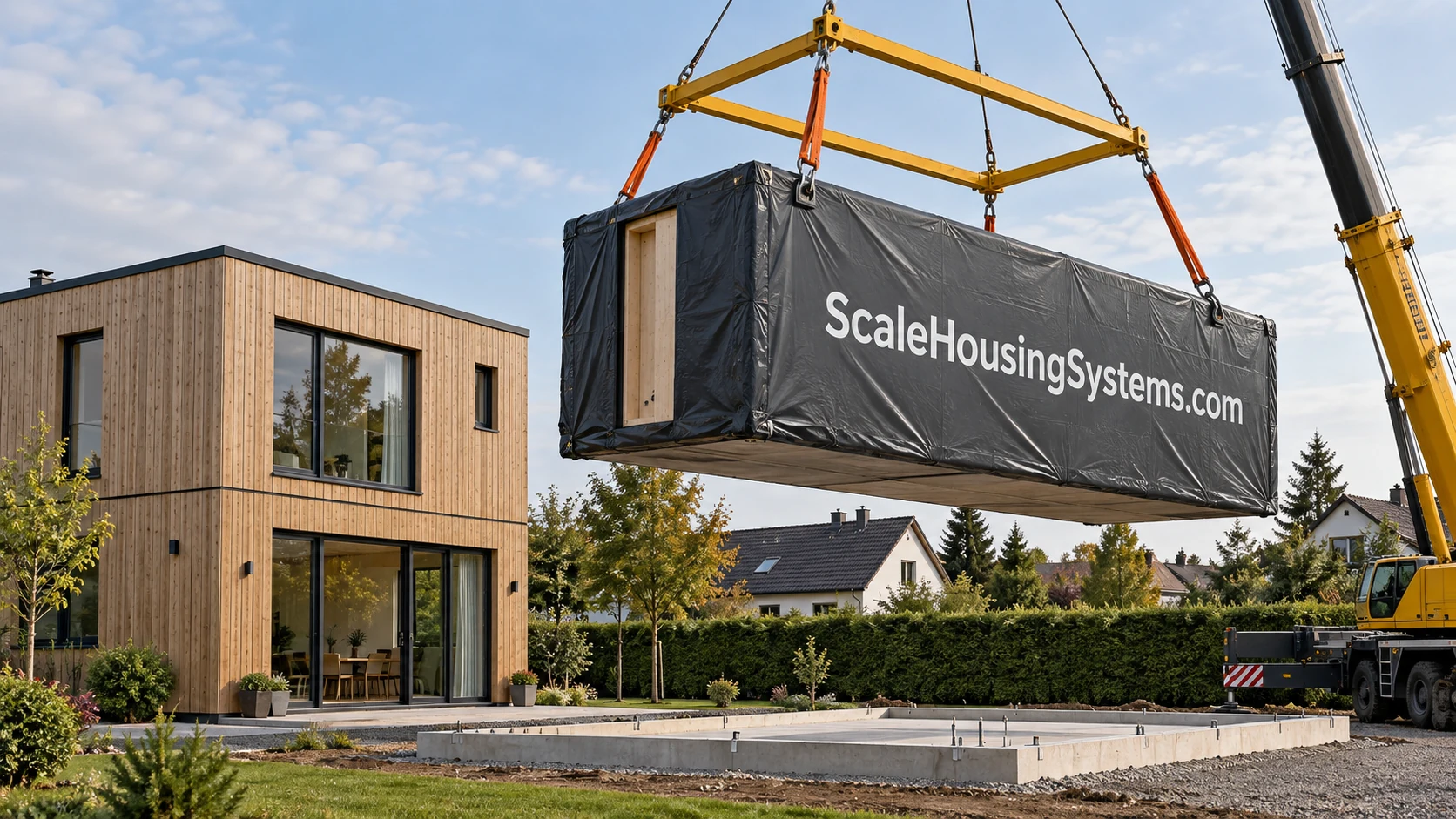 Montagevisualisierung eines verpackten Holzmoduls am Kran