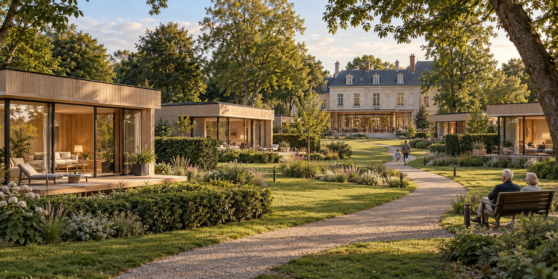 Neue Konzeptvisualisierung: vier private Holzwohnhäuser im Garten eines Herrenhauses mit gemeinschaftlichem Mittelpunkt