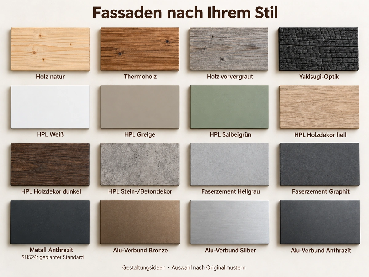 16 beschriftete Fassadenideen aus Holz, HPL, Faserzement, Metall und Alu-Verbund.