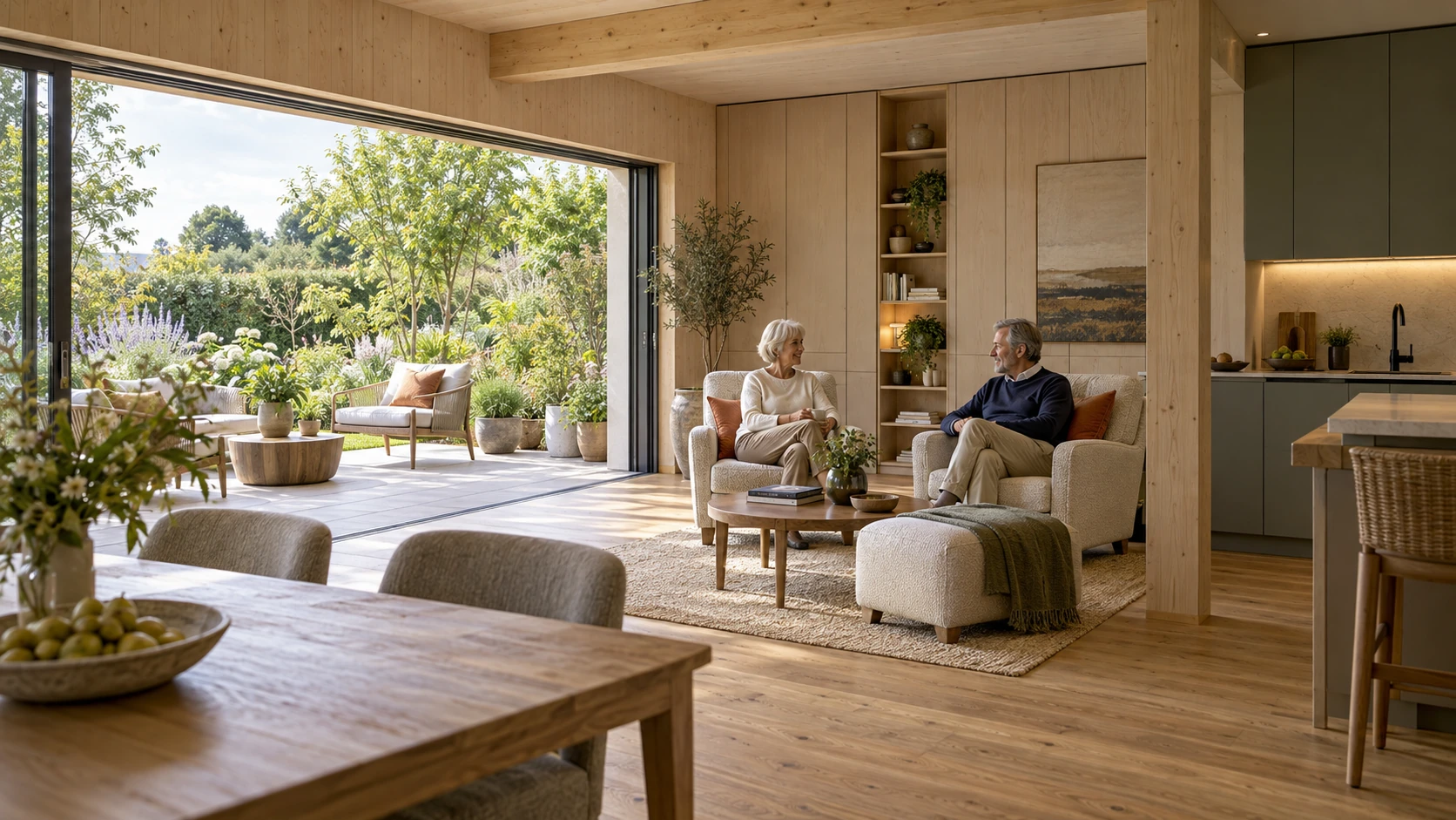 Paar in einem großzügigen Holzwohnraum mit Blick zur Terrasse