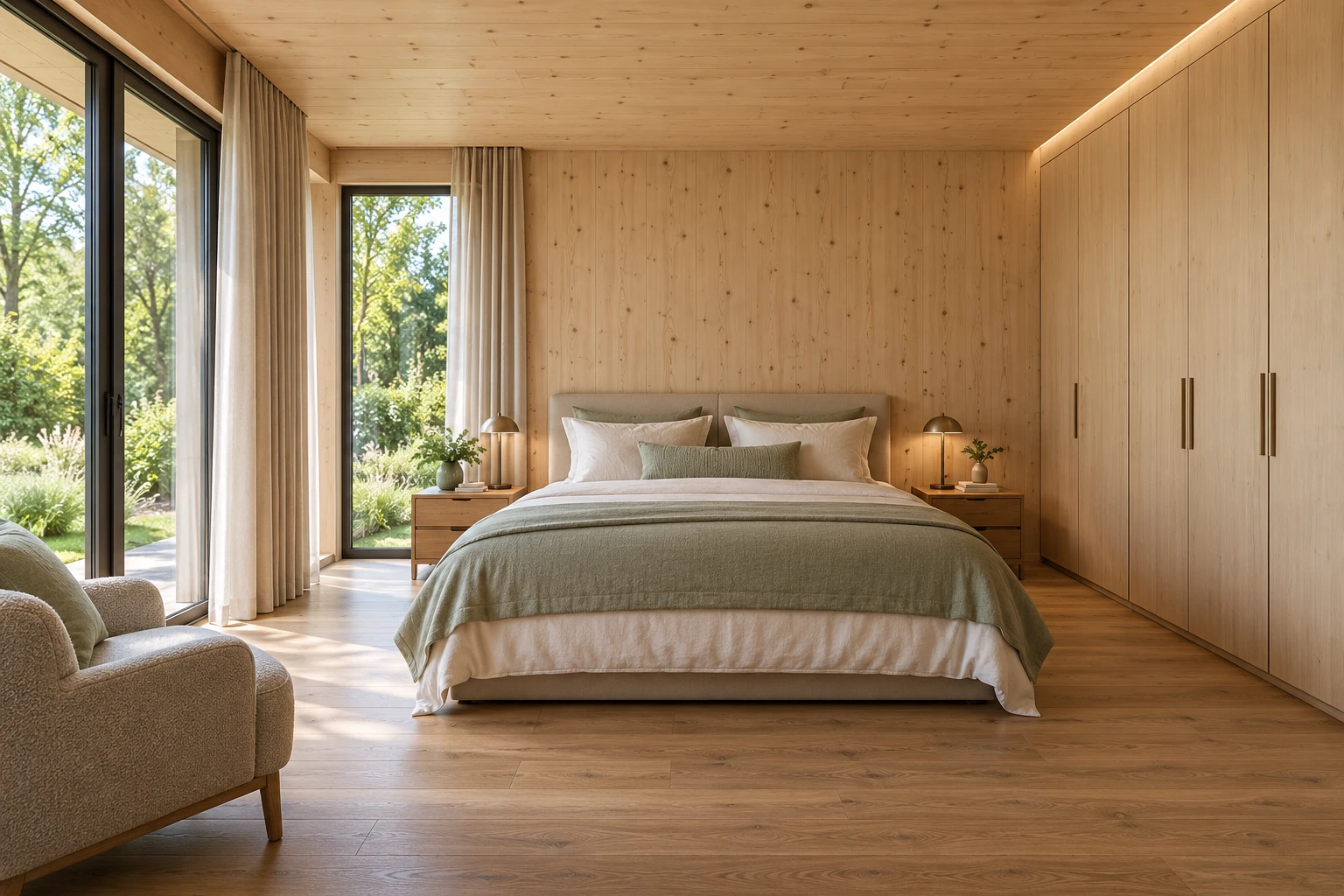 Schlafzimmer mit deckenhohen Schränken und abgestimmter Holzdecke