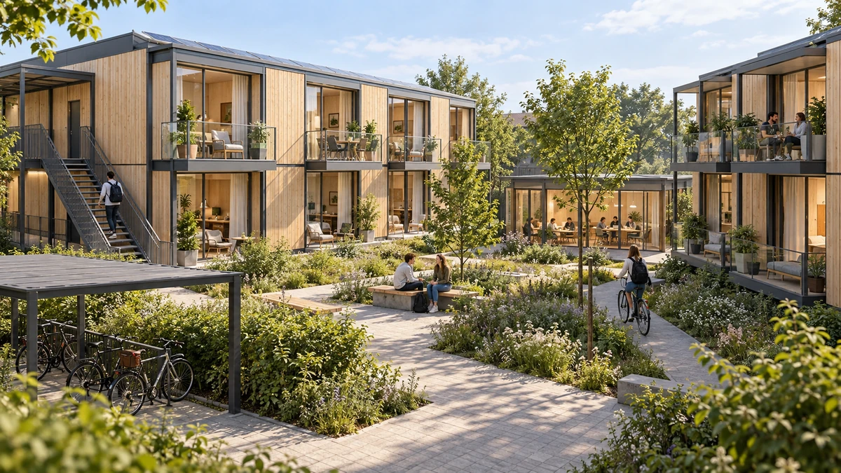 Kleiner modularer Studentencampus mit Glasgeländern und Gemeinschaftsraum