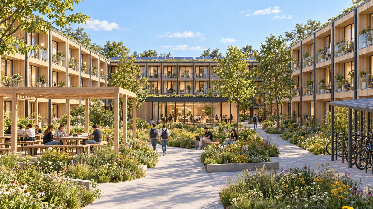 Hofperspektive des Großcampus mit Glasbalkonen, Lernpavillon, Pergola und Fahrradplätzen