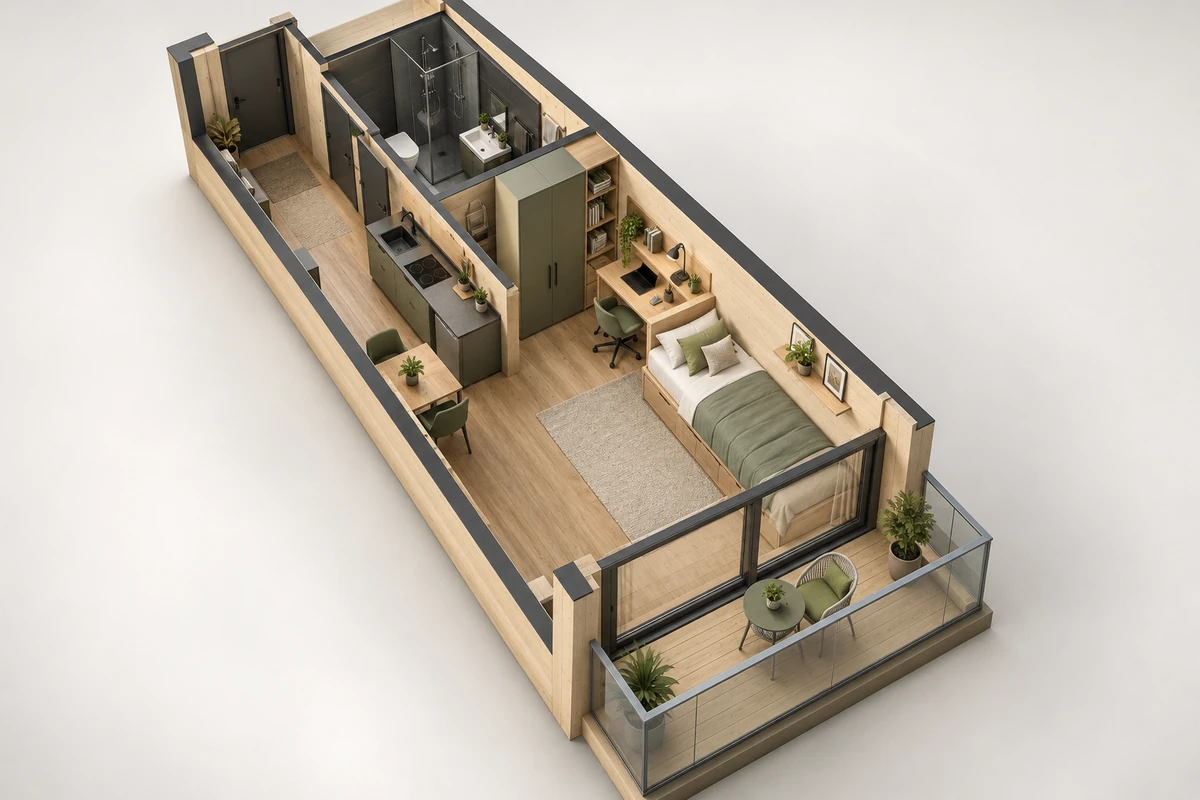 Single-Apartment mit Arbeitsplatz, Essplatz, Küche, Bad und Balkon