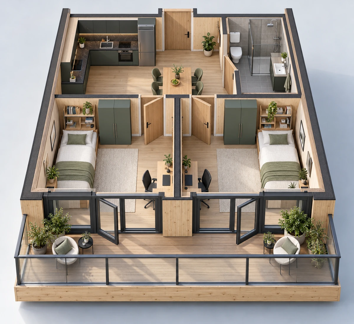 Zweier-WG mit getrennten Zimmern, zwei Arbeitsplätzen, gemeinsamer Küche, Bad und Balkon