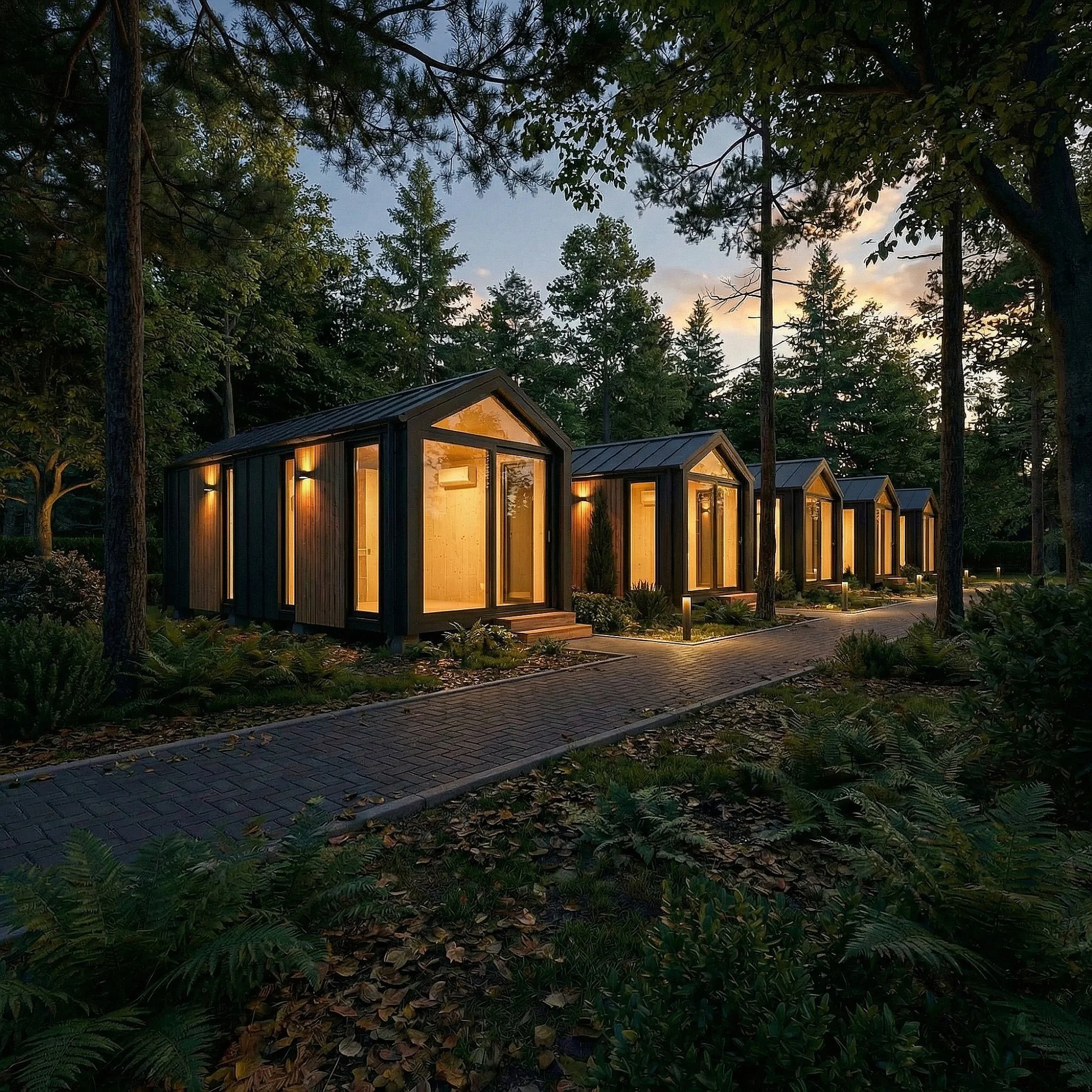 Cluster aus modularen Ferienhäusern