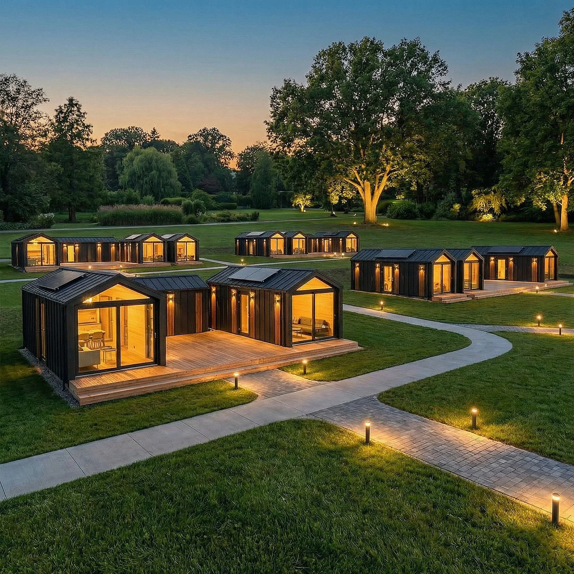 Pilotcluster aus modularen Ferienhäusern